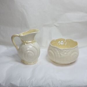 Belleek 1st Green Mark 1946-1955 Toy Shell Pattern Cream And Sugar